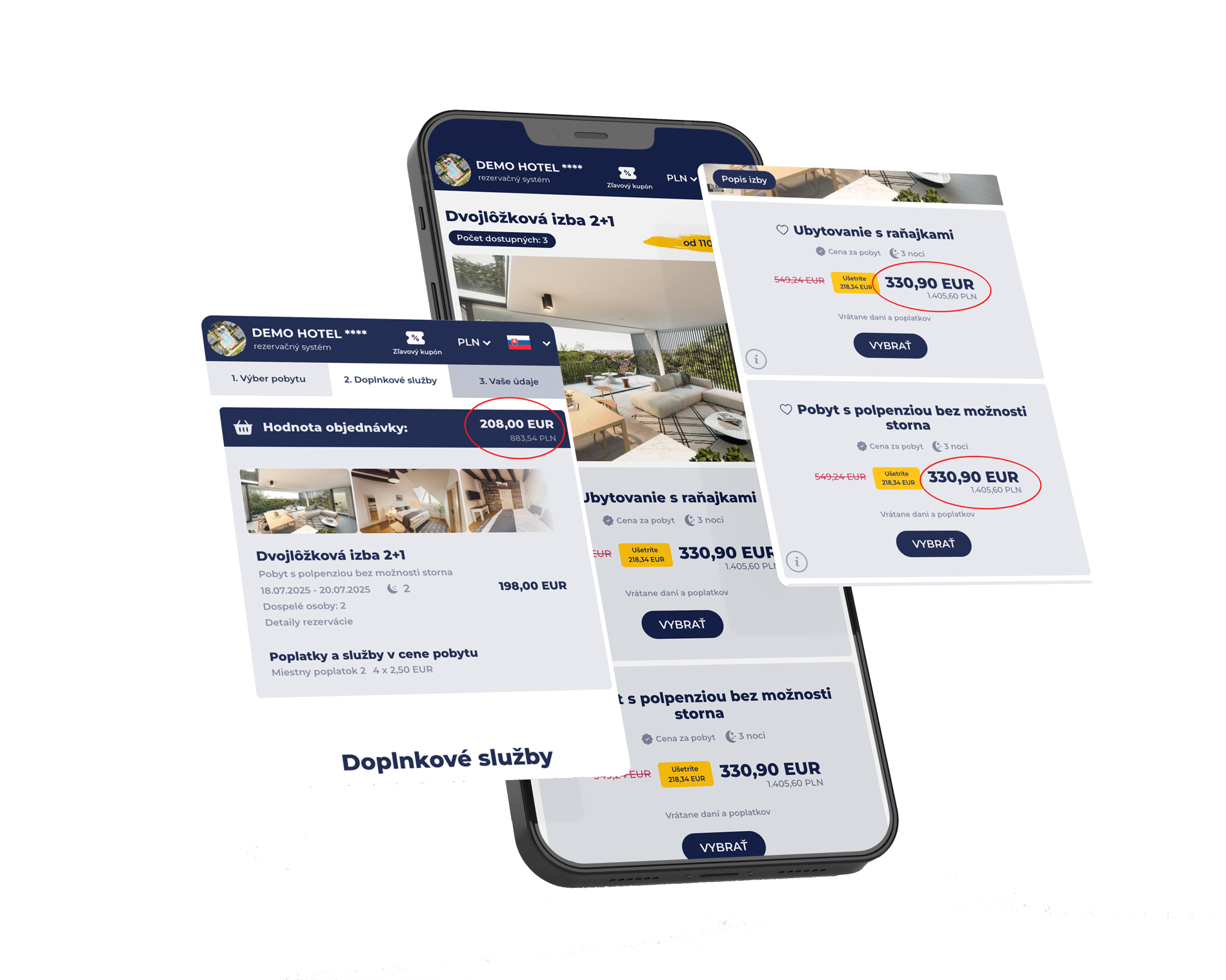 Reálny Ellipse web booking: výber izby, pobytové ponuky a rekapitulácia rezervácie v mobile