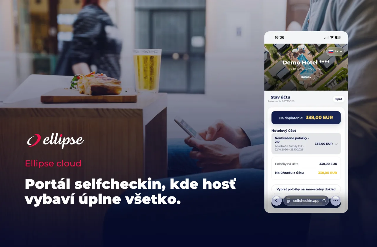 Vzor brand bannera Ellipse: fotografia z reštaurácie s tmavým prechodom, biele logo, podnadpis Ellipse cloud v červenej, biely claim a obrazovka portálu self check-in v telefóne